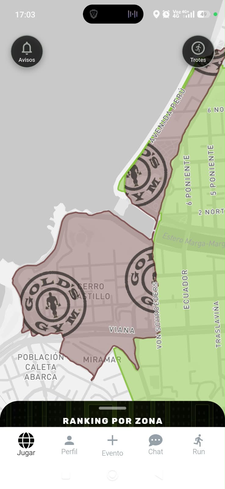 Mapa de KipZone con territorios de social runs en Viña del Mar